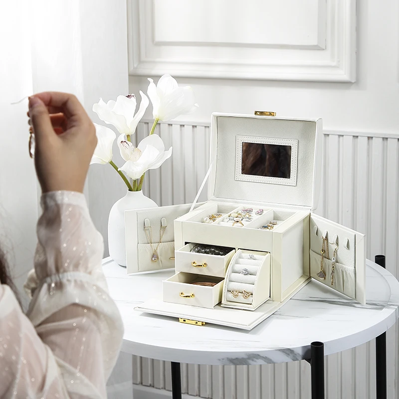 hot sale large jewelry box organizer pu leather drawer jewellery boxes velvet earring ring necklace jewelry storage case casket free global shipping