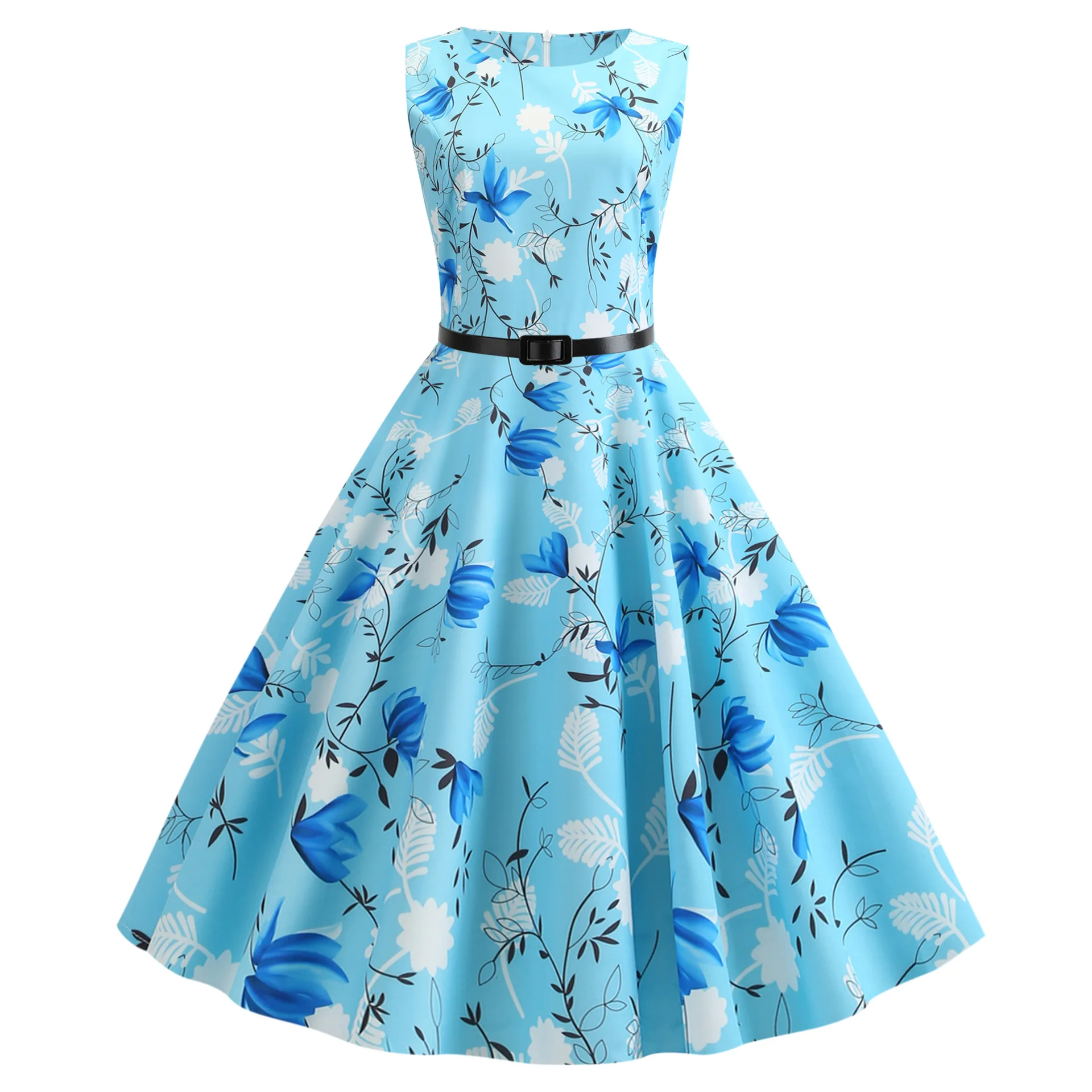 

2021 summer retro waist slimming 50S printed big swing dress banquet dress