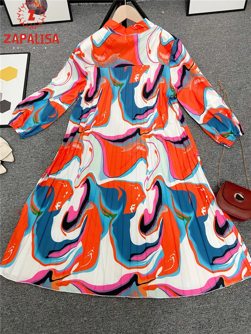 

Fashion Women Spring Autumn Long Sleeve A-Line Dress Color Matching Design Bow Decor O-Neck Loose Pullovers Pleated Dress