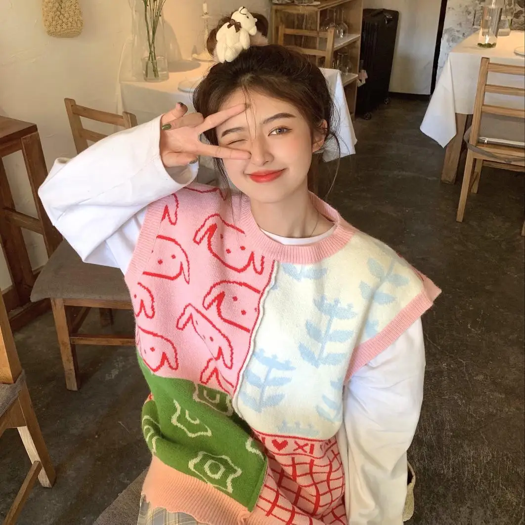 

Preppy Style Sweet Girls Loose Chic Knit Pullover Vests Vintage Tide O-Neck Sleeveless Patchwork Female Casual Waistcoat Y2k Ins