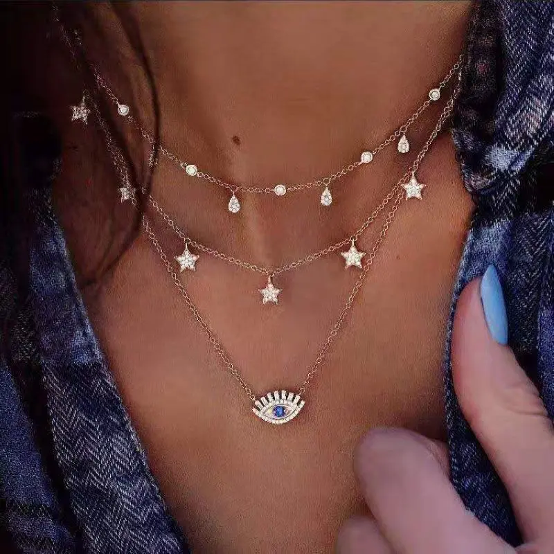 

New Fashion Jewelry Necklace Sets For Women Full Diamond Five-Pointed Star Eye Pendant Jewelry Fashion Necklaces Womens A0098