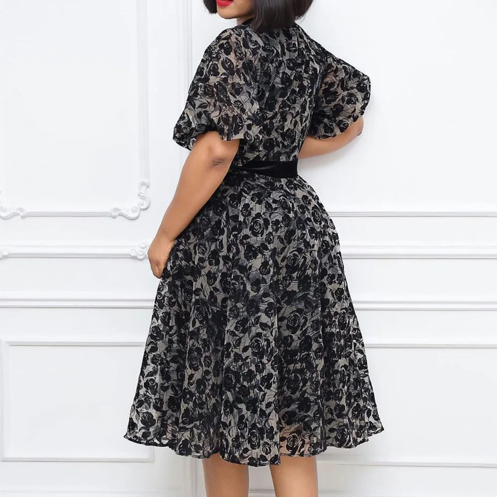 

Plus Size 2021 Dress Summer Black Floral Print Puff Sleeve Vintage Vestidos Classy Women Bowknot A Line Work Wear Office Dresses