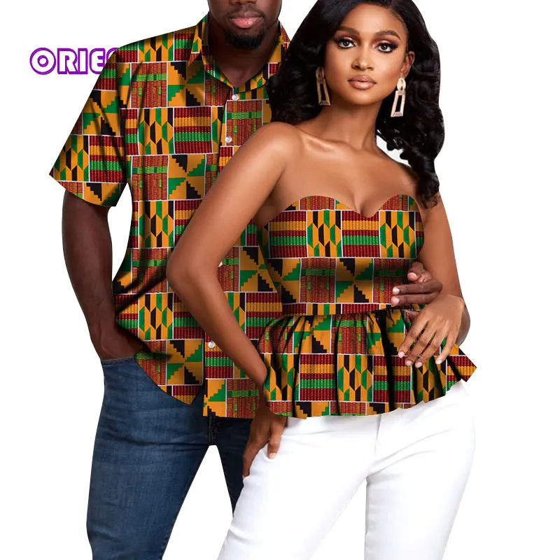 Couple African Clothes Couple Tops Men Short Sleeve Shirt Women Off Shoulder Blouse Fashion African Print Cotton Clothing WYQ728