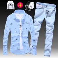spring autumn mens long sleeve shirt cotton blends jeans pants 2pcs set casual style printing white sky blue male clothes a4