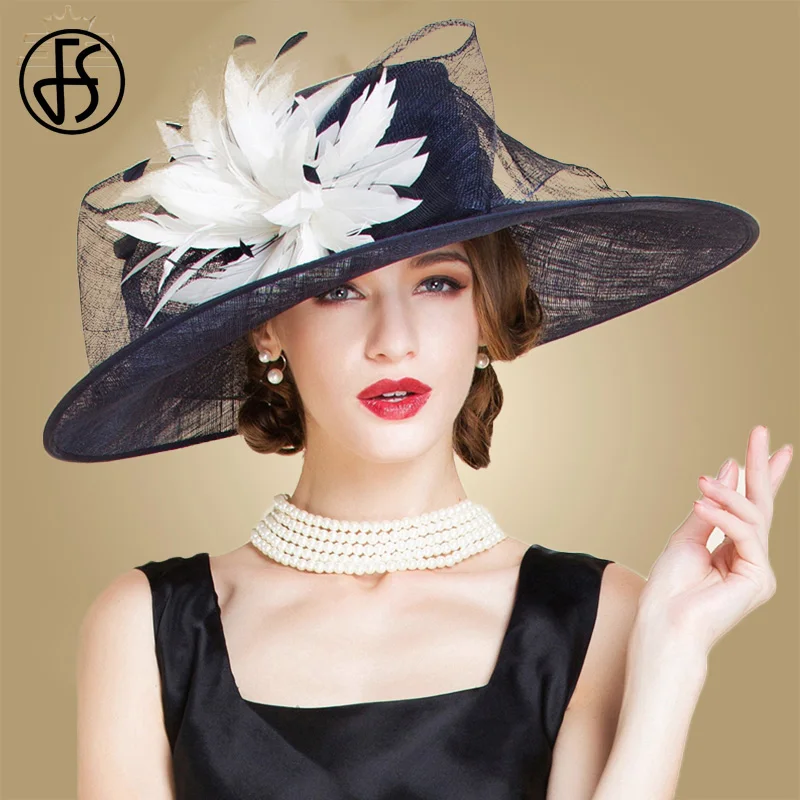 Dark Blue And White FS дамы Sinamay шляпа Свадебная церковь Королевский синий цветок розы белье Fedora женское платье Большие широкие поля Кентукки шляпа котелок - Цвет: Dark Blue And White