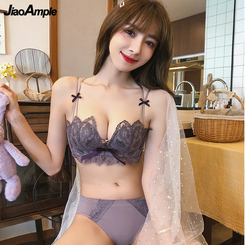 

Women Sweet Sexy Lace Bow-knot Bra and Panty Set New Fashion Romantic Purple Push Up Cozy Underwear Without Underwire Lingerie