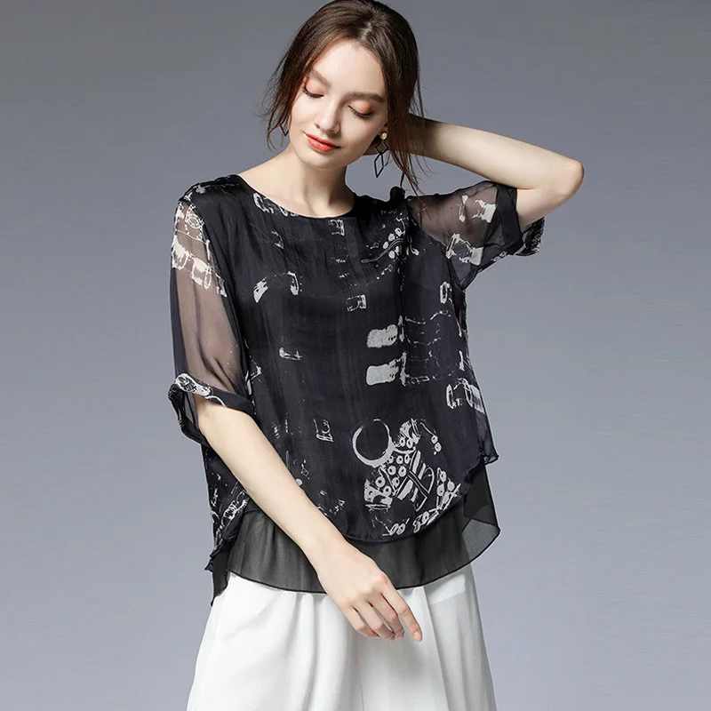

LANMREM Women Black Printing Big Size T-shirt New Round Neckshort Sleeve Lady Fashion Tide Summer 2021 New Arrivals 2E1719