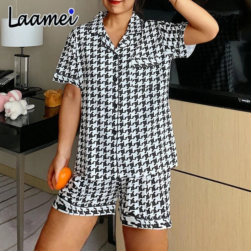 

Laamei Pajama Sets Women Korean Chic Print Sweet Summer Ins Shrort Sleeve Schoolgirls Pajama Homewear Soft Fashion Sleepwear