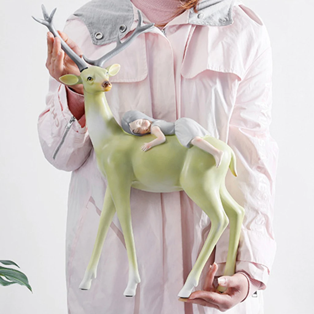 

Hand-painted Girl Ride Deer Figurine Home Decoration Resin Crafts Living Room TV Cabinet Statue Outdoor Garden Lucky Ornament