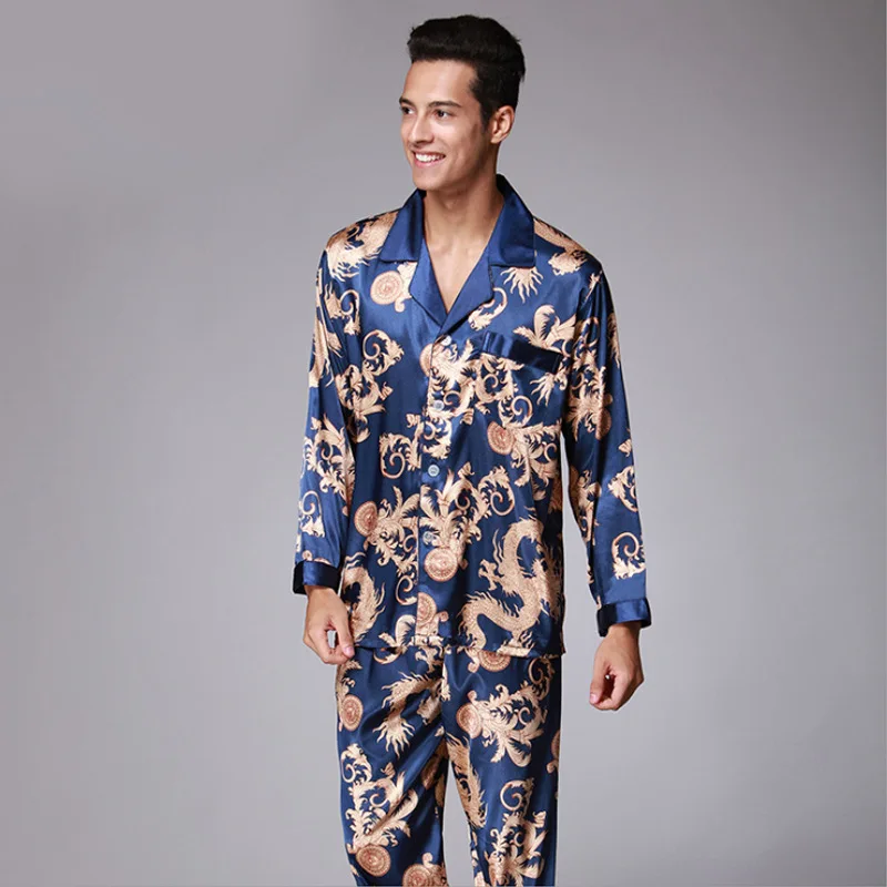 

Мужская Ночная рубашка s дизайнерская Пижама для мужчин, топы с длинным рукавом для сна, брюки, тонкие лед шелковая пижама, Мужские пижамные ...