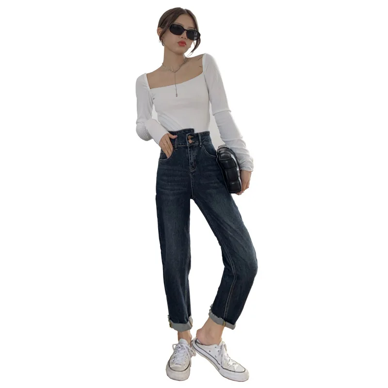 

1010 Women Jeans Streetwear Washed Button Cotton Soft Casual Autumn Harem Pants Loose Chic All-Match Do Old Denim Ladies Trouser