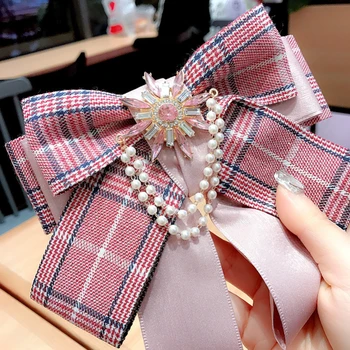 Plaid Multi-layer Bow Lady's Bow Tie Simplicity Student Girls Bowtie Imitate Pearl Pin Brooch Cravat Women Apparel Accessories 3