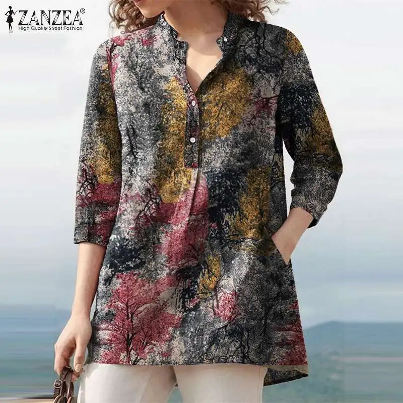 

ZANZEA Female VNeck Long Tops Tunic Blouse Long Sleeve Solid Pockets Chemise Feminina Autumn Women Vintage Floral Printed Blusas