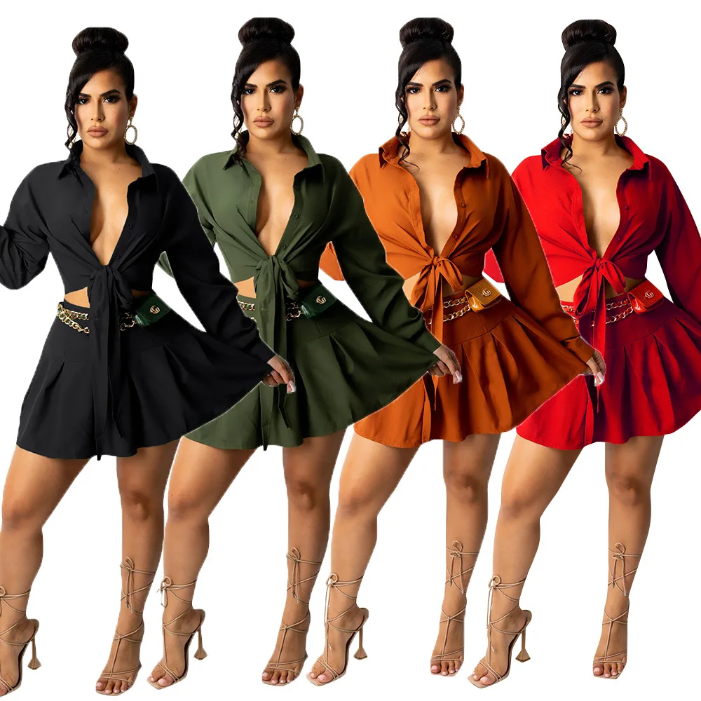 

Женская юбка с отложным воротником и длинным рукавом, на шнуровке