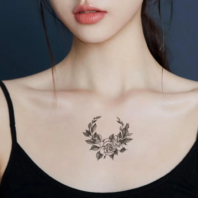 

Sexy Sketch Flowers Design Temporary Tatoo Chest Neck Arm Waterproof Women Men Body Art Fake Tattoo Stickers Tatoos Black Leaves
