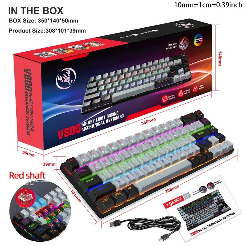 

Portable RGB Gaming Mechanical Keyboard USB Type C 68 Keys Anti-ghosting 60% RGB Keyboard for PC Laptop Blue/Red Switch