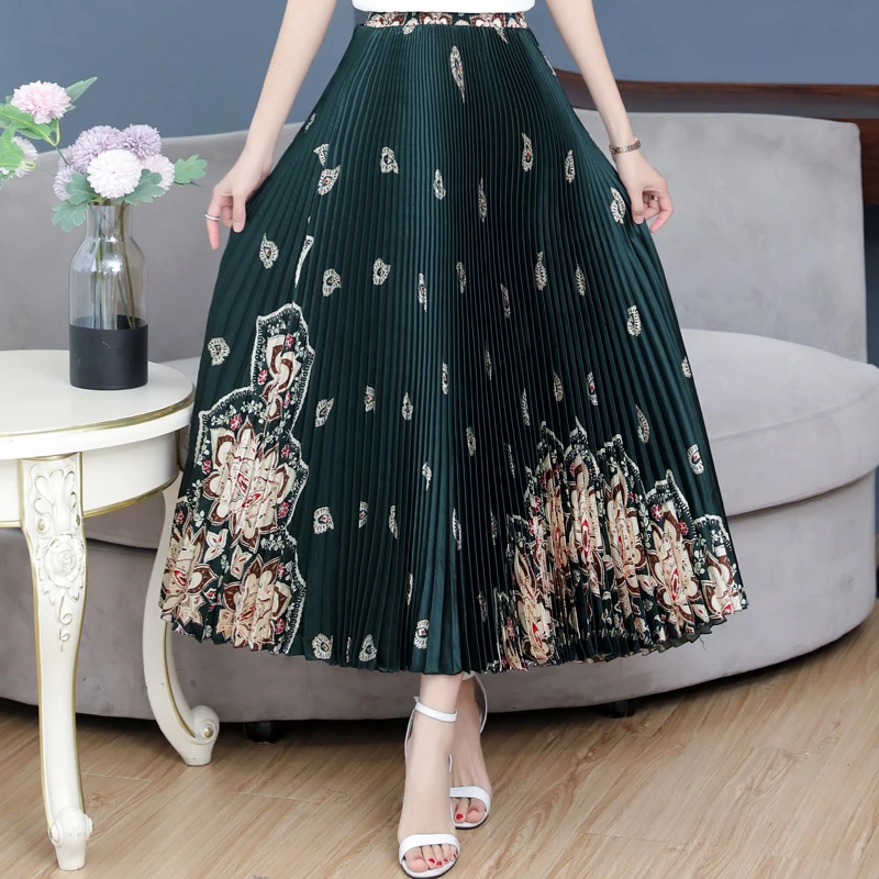 

Summer Women High Waist Pleated Skirts 2021 Loose Vintage Print Long Skirts Women Casual High Quality Ankle-Length Women Skirt