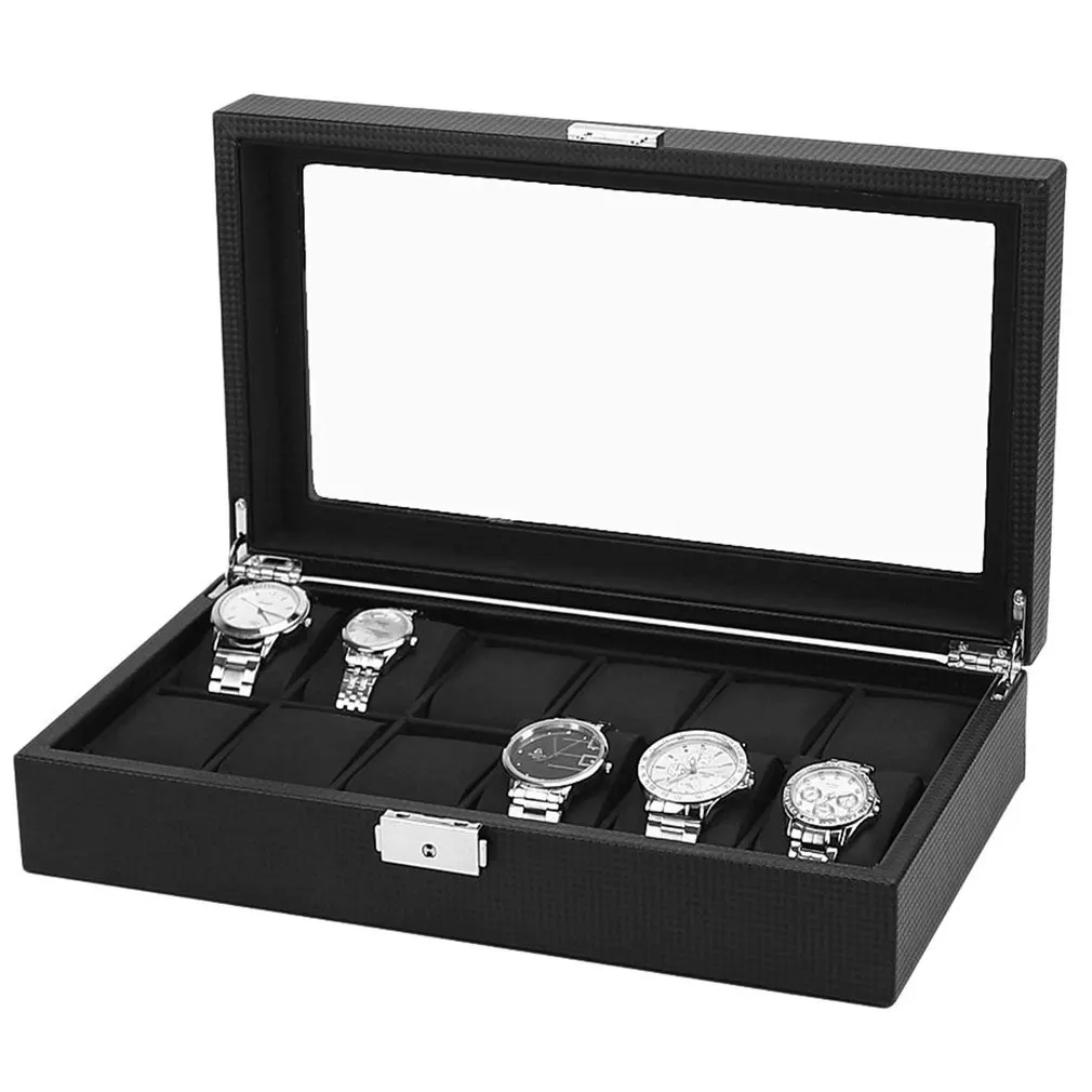

Luxury 6/12 Grids Watch Box Carbon Fibre Pattern Watch Storage Box Watch Display Slot Case Storage Organizer