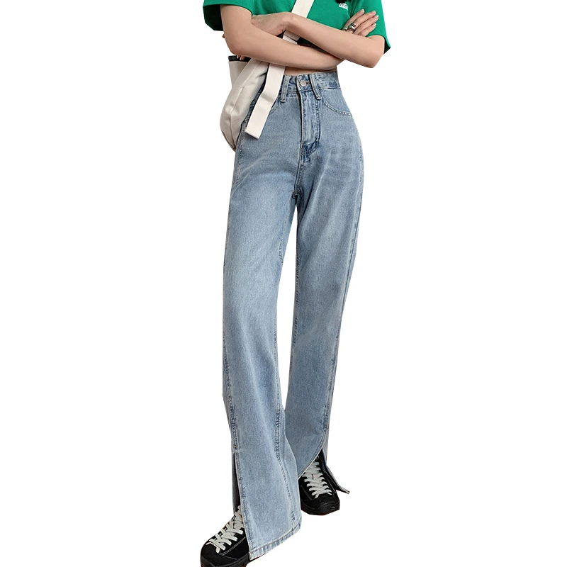

ZHISILAO Split Straight Jeans Women Boyfriend High Waist Wide Leg Denim Pants Plus Size Vintage Loose Streetwear Blue Jeans 2021