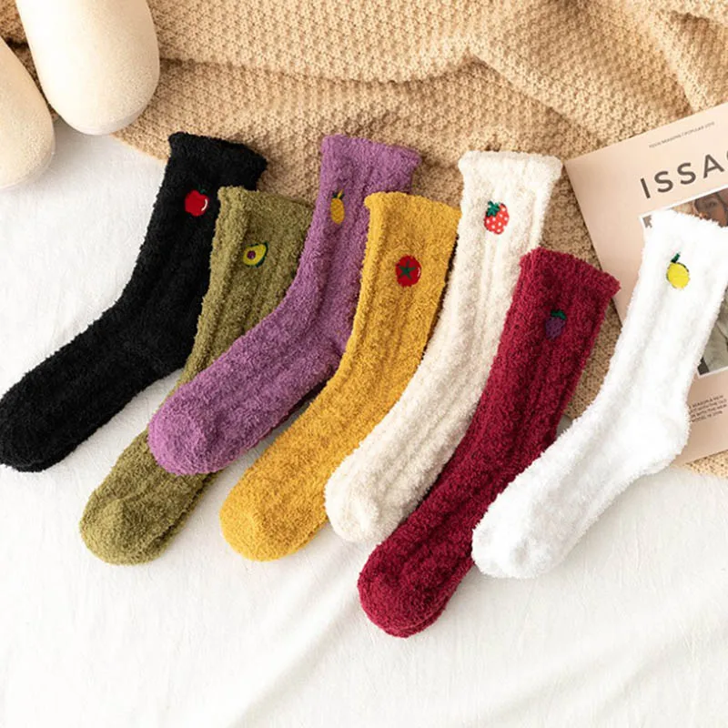 

1Pair Soft Women Winter Fluffy Fleece Lined Fruit Socks Floor Socks Thick Warm