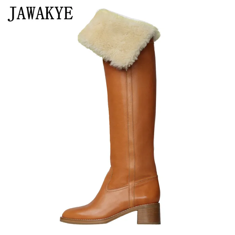 JAWAKYE шерстяные сапоги выше колена женские теплые с отворотом на массивном