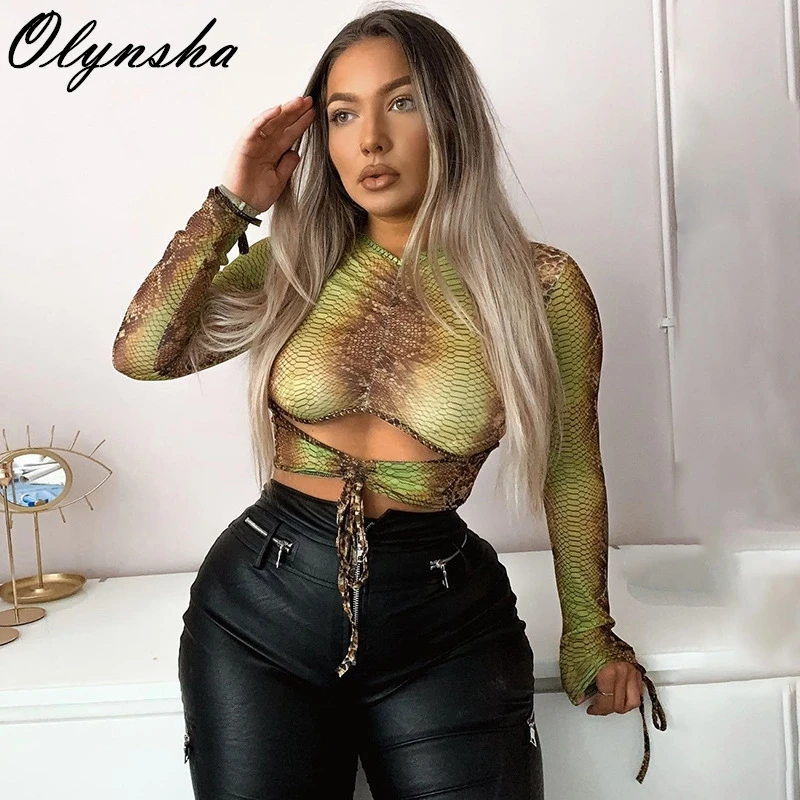 

Sexy Leopard Print Tie Crop Tops Woman Long Sleeve Slim T Shirt 2020 Autumn Streetwear Hollow Out Top Outfits