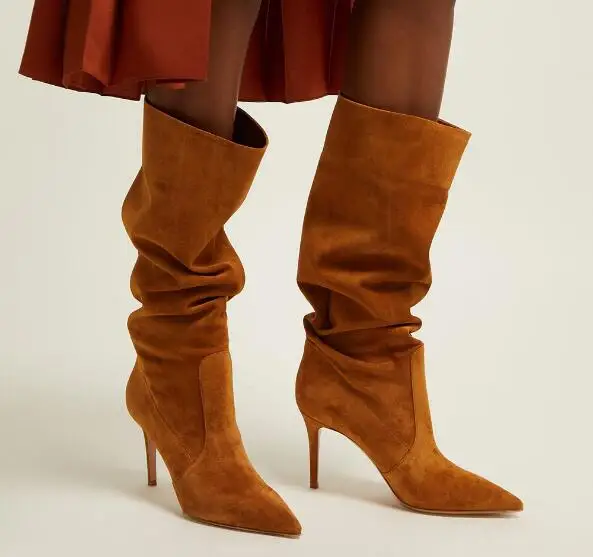 

Dipsloot Spring Brown Dark Blue Solid Color Pointed Toe Slip On Pleated Long Boots Woman Stiletto Heels Knee High Tube Botas