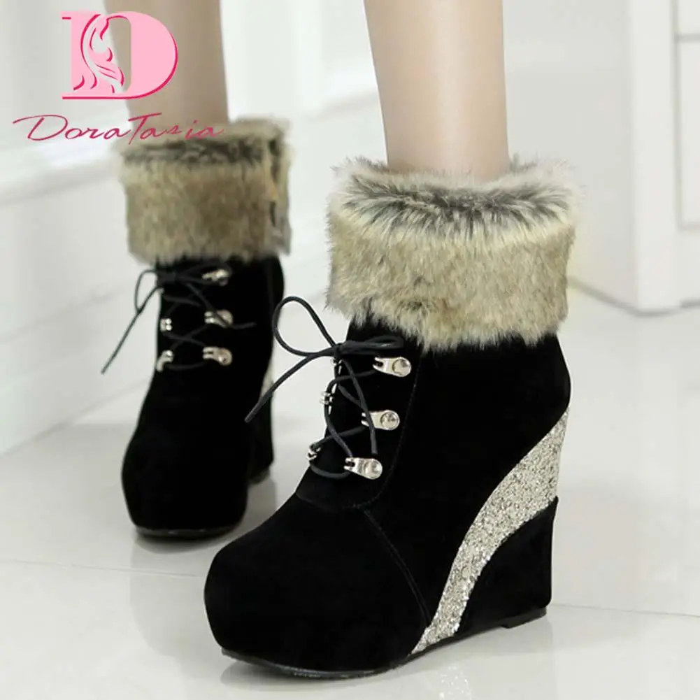 

Doratasia New Design Female Flock Comfy Warm Short Plush Snow Boots Cross-Tied Height Increasing Round Toe Lace-Up Boots Women