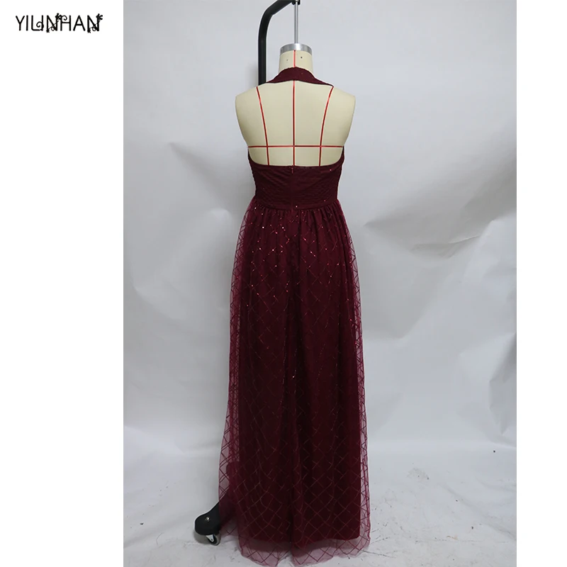 

YILINHAN Party Princess Dress Women Summer Sexy Deep V-nck Dresses Sleeveless Ladies Halter Big Swing Dinner Long Dress