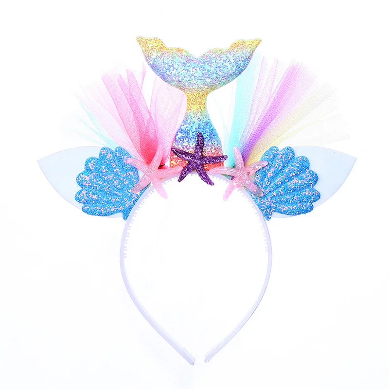 Радужная повязка на голову для Русалочки принцесса сетка пряжа в виде ракушки