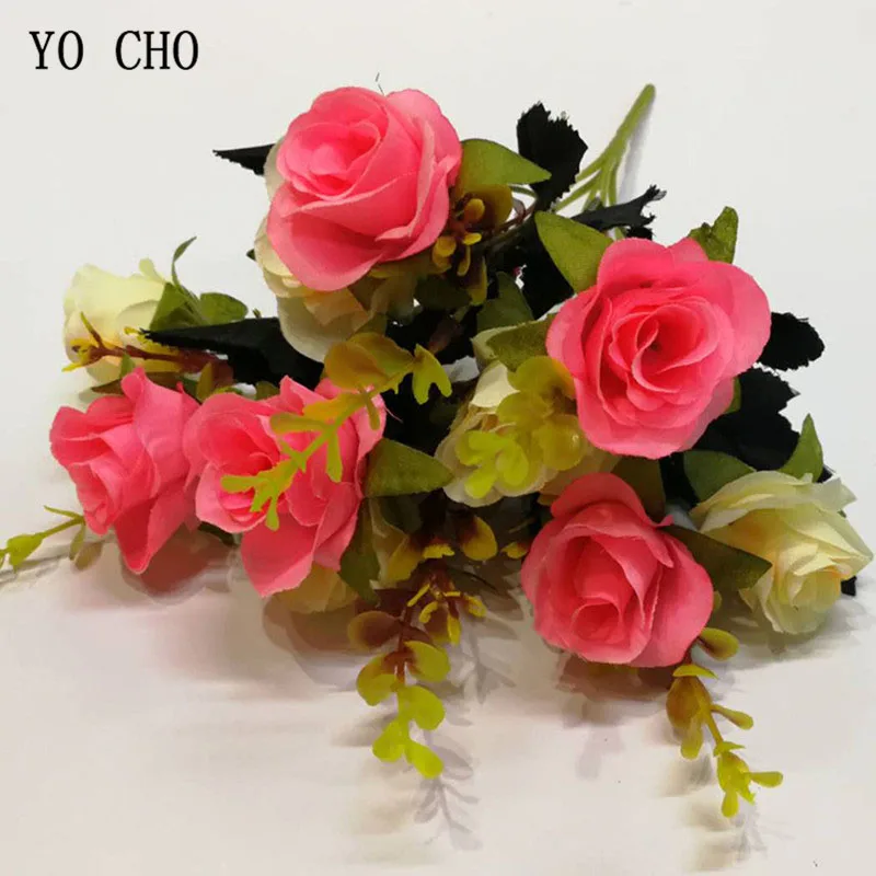 pink YO CHO букет роз Свадебный цветок невесты Букет Искусственный Шелковый цветок розы композиция украшение для дома - Цвет: pink