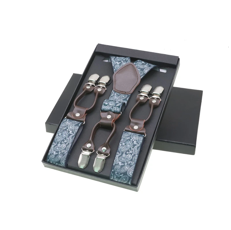 3 With Box Мужские модные подтяжки коричневые из натуральной кожи 6 зажимы подтяжек винтажные повседневные брюки в западном стиле регулируемые подтяжки - Цвет: 3 With Box