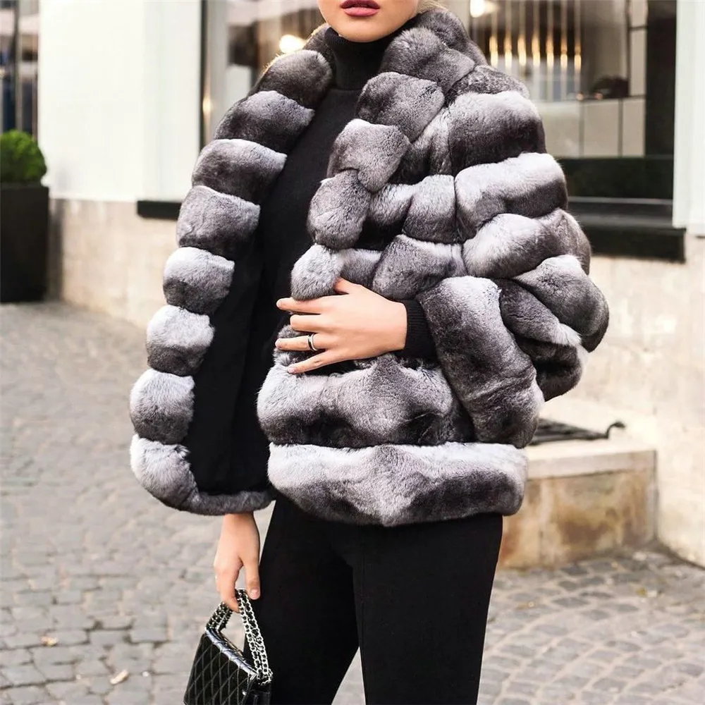 High Quality Real Rex Rabbit Fur Jacket with Turn-down Collar New Trendy Women Genuine Rex Rabbit Fur Coat Woman Winter Outwear enlarge