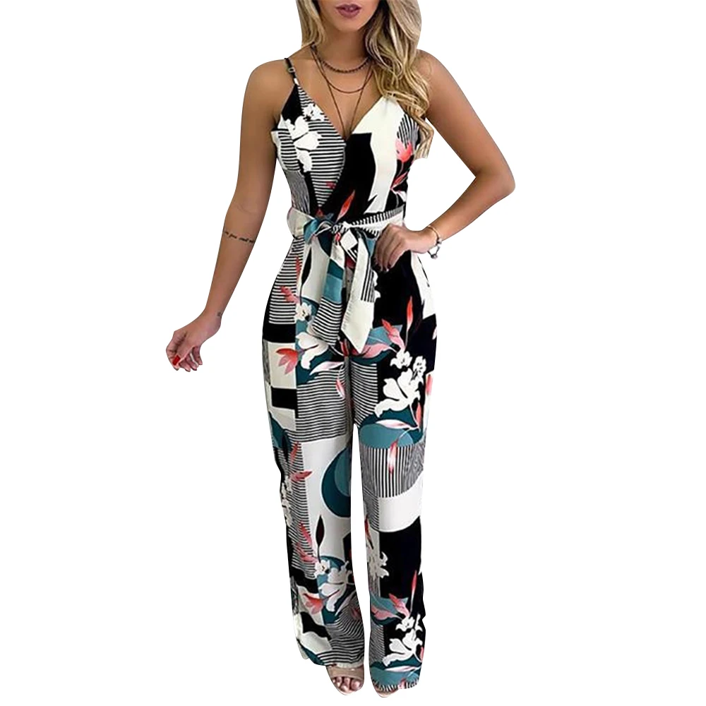 

Комбинезон женский на бретелях-спагетти, Облегающий комбинезон с запахом, глубоким V-образным вырезом, с принтом, D30, лето