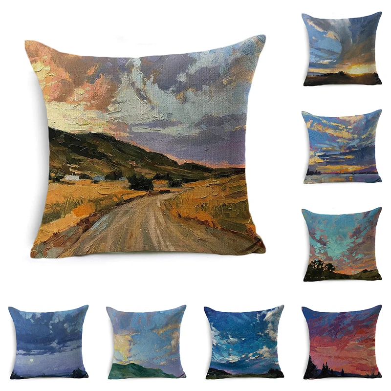 

Landscape painting Cushion cover scenery pillowcase sofa car decoration Linen pillowcase home decoration cushion cover 45cm*45cm