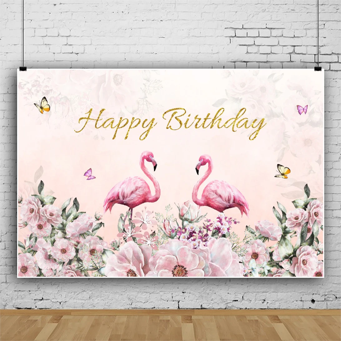 

Laeacco Flamingo Happy Birthday Party Pink Flowers Child Baby Portrait Personalized Poster Photography Backdrop Photo Background