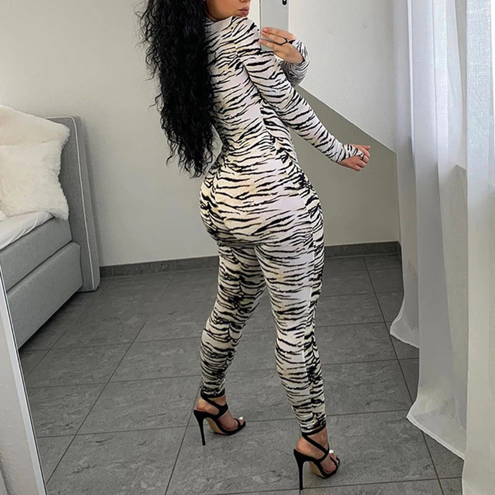 

White Tiger Skin Print Jumpsuits Women Zipper Bodycon Sexy Autumn Long Sleeve Mock Neck Sexy Wild Girl Jumpsuit Clothes
