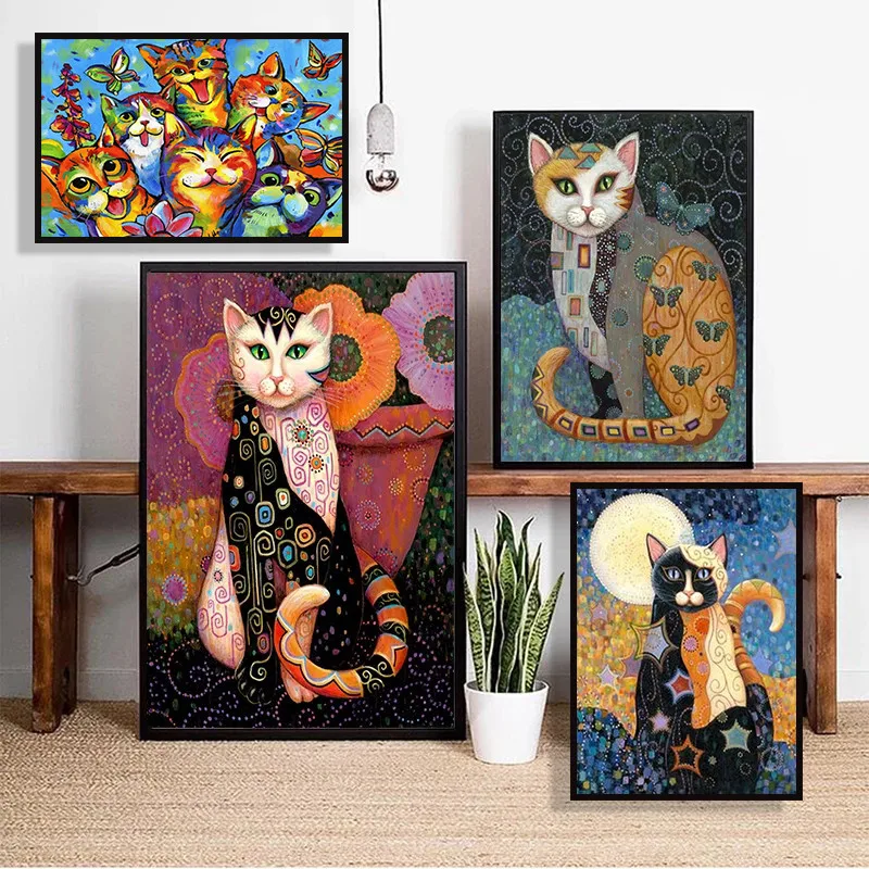 

Красочные постеры и принты кошек на холсте, абстрактная живопись для гостиной