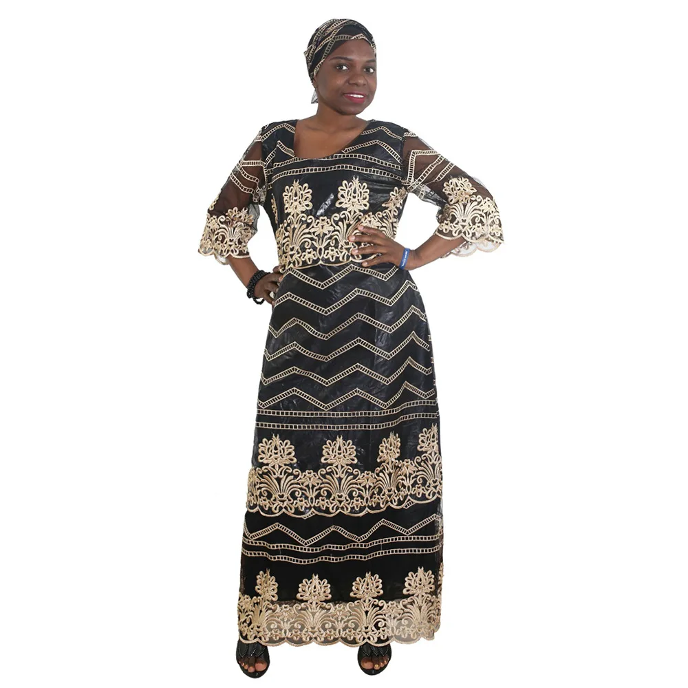 

Z&D African Lace Fabric Dress For Women Basin Dress Brocade Embroidery 4XL Plus Size Dashiki Ankara Dress African Head Wraps