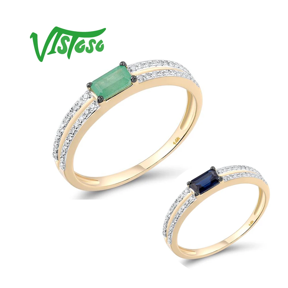 

Женское золотое кольцо с камнями VISTOSO, желтое золото 14 к, восьмиугольник, синий сапфир, изумруд, обручальное кольцо, Подарок на годовщину, юве...