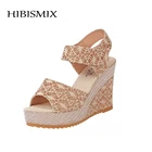 Женские босоножки HIBISMIX на танкетке, модные летние повседневные Босоножки на платформе с кружевом, на липучке, женская обувь на высоком каблуке, 2021, 2041