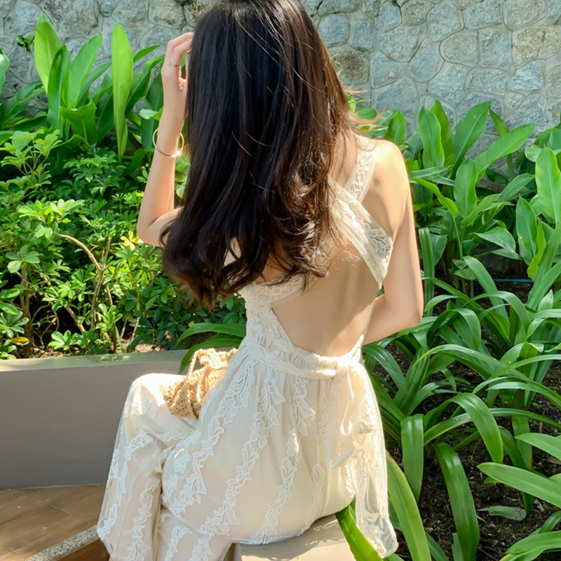 

Jumpsuits Rompers Women Sexy Summer Beach Lace up Casual Elegant Female Long Jumpsuits Sweet Embroidery Deep V Neck Sexy Print