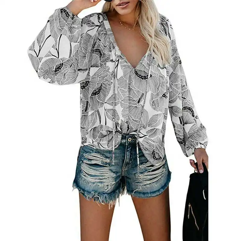 

Boho Tops T S-2XL Floral V-Neck Oversize Sleeve Long Women Blouse Lantern Shirt