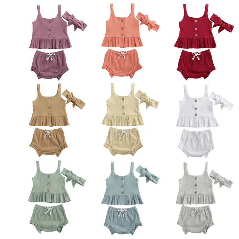 

Милые детские летние костюмы Oufits, хлопковые однотонные майки с оборками, Короткие топы и шорты, Повседневная Милая одежда для маленьких дев...