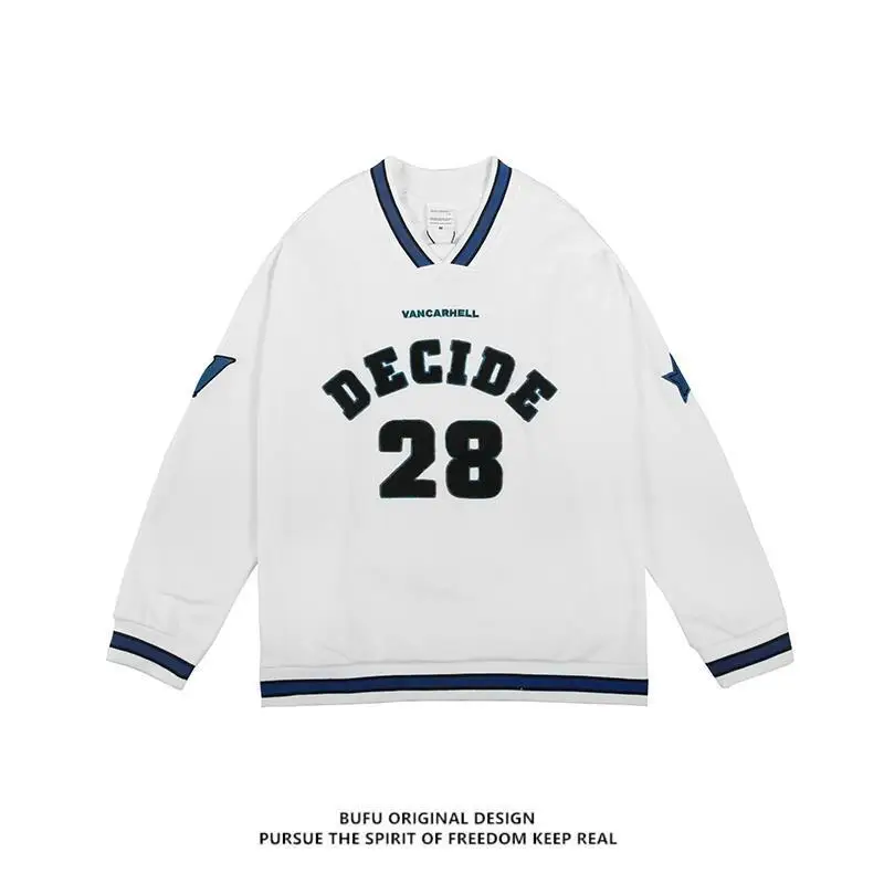 

Vintage Letter Print Women Men Loose All-Match Long Sleeve Autumn And Winter Cotton Plus Velvet Thickening V-Neck Sweatshirt