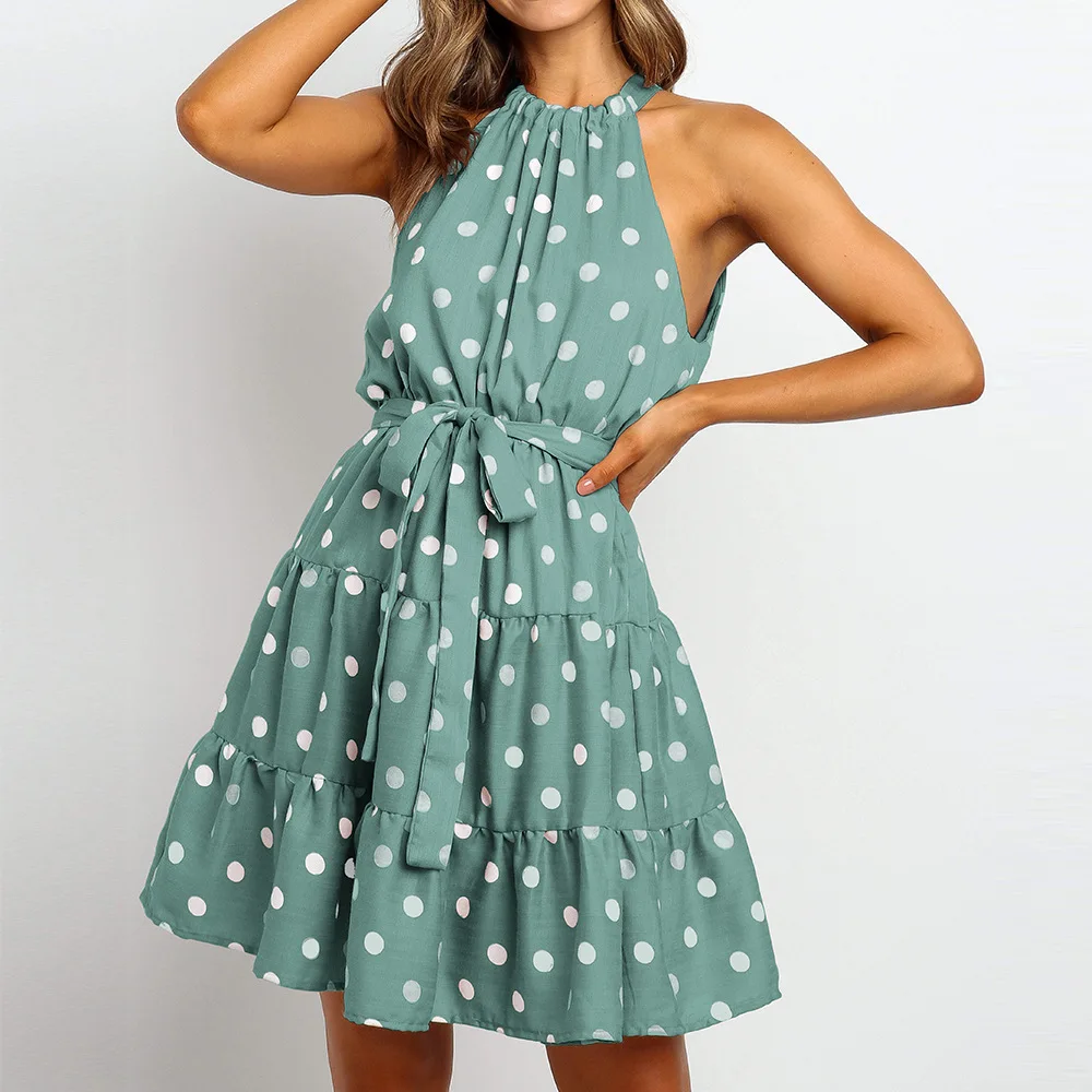 

Модное зеленое мини-платье в горошек с лямкой на шее, 2021 летнее сексуальное элегантное платье с принтом, Пляжное богемное платье, Robe Femme