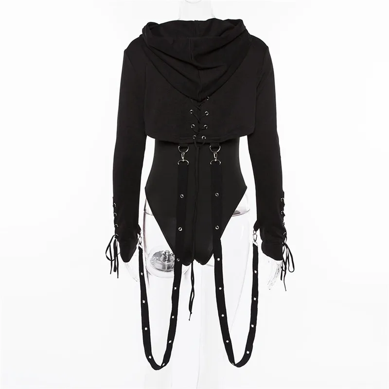 Women Fashion Black Gothic Hoodie Crop Top Rivet Straps Cosplay Costume short sweatshirt Halloween costume | Тематическая одежда и