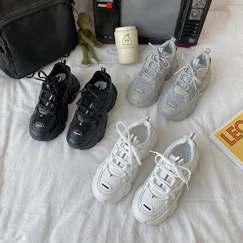

Women's Vulcanized Shoes Lace Up Ladies Platform Casual Comfort Shoes Woman Chunky Sneakers Spring Female Footwear Black White