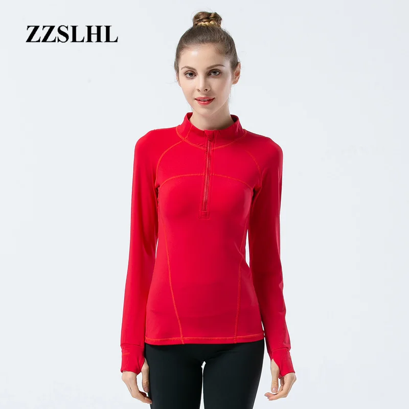 Women Yoga Shirts Crop Tops Long Sleeves Zipper Sexy Sport T-Shirts Fitness Gym Running Training Workout Solid Sportswear | Спорт и