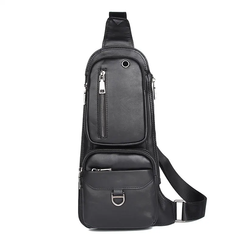Мужская нагрудная сумка MAHEU черная из натуральной кожи с одним плечевым ремнем